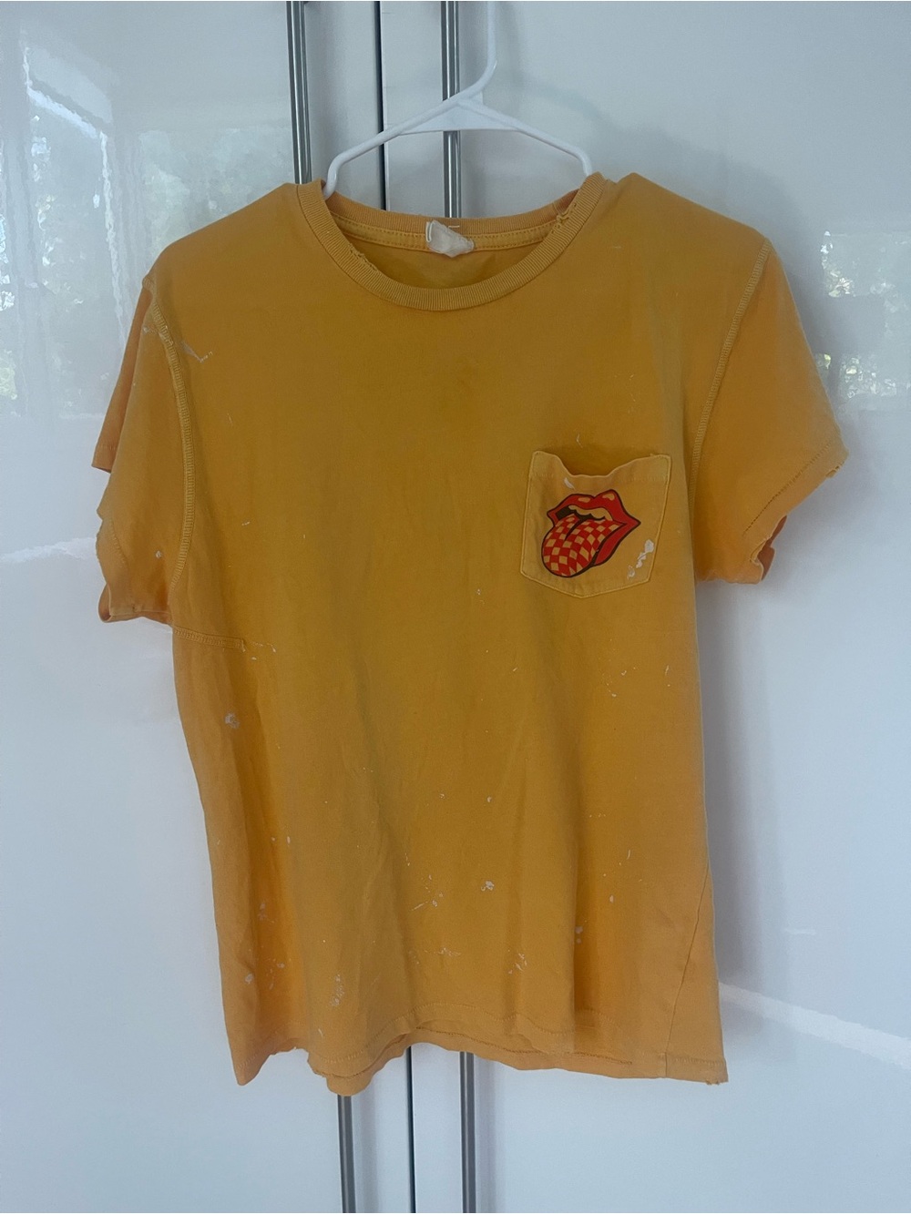 Vintage Yellow Short-Sleeve Pocket Tee with Graphic.  Rolling Stones